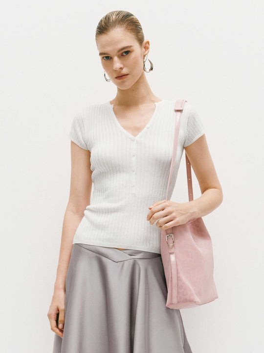 Ribbed Knit V-neck Button Front White T-shirt
