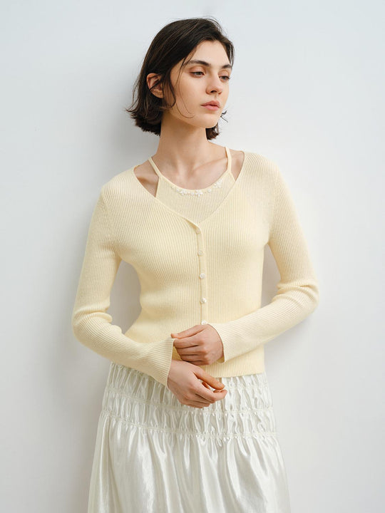 Ribbed V-neck Button Front Long Sleeve Knit Top