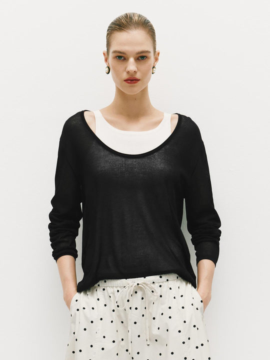Oversized Boat Neck Long Sleeve Knit T-Shirt
