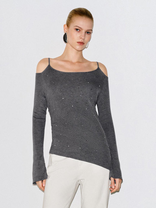 Embellished Ribbed Asymmetric Hem Long Sleeve Knit Top