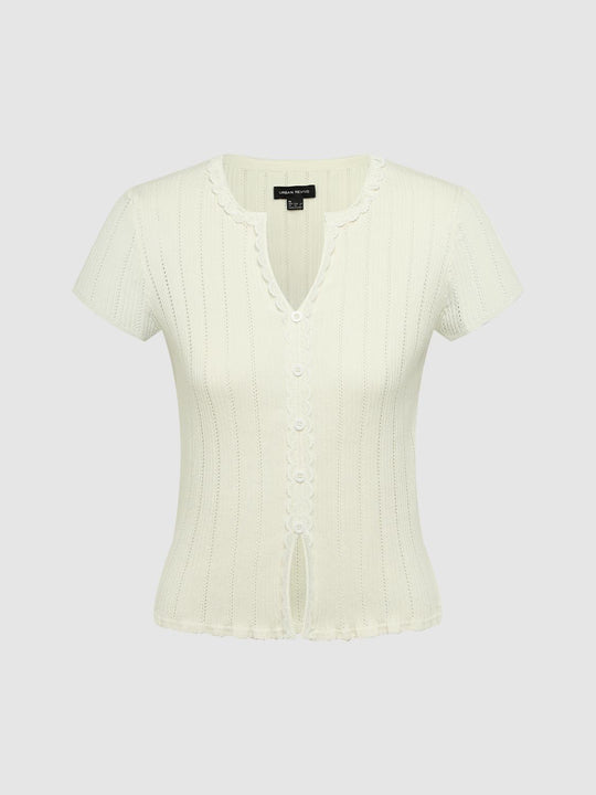 Ruffled Neck Lace Knit Top