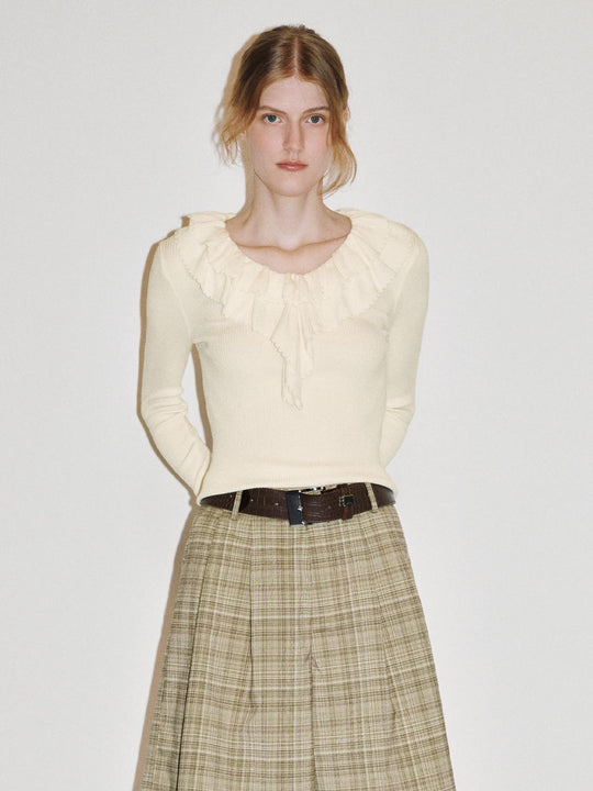 Ribbed Ruffle Tie Neck Long Sleeve Knit T-Shirt