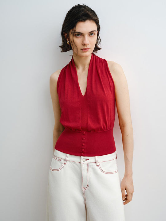 Deep V-neck Knit Lyocell Buttoned Waist Tank Top