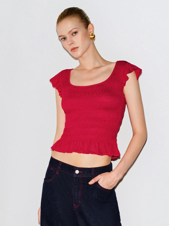 Ribbed Knit Smocked Shirred Ruffle Red T-shirt