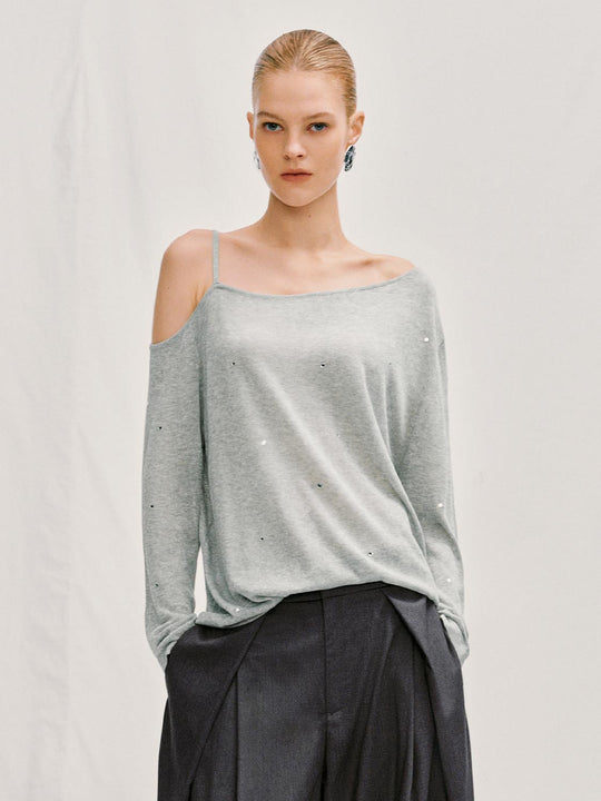 One-shoulder Knit Cotton Blend Long Sleeve T-shirt