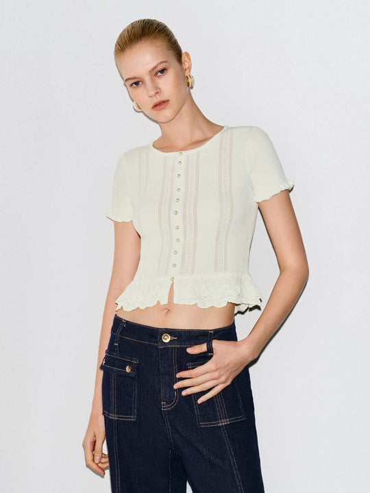 Crochet Lace Hem Knit Button Front Shirt