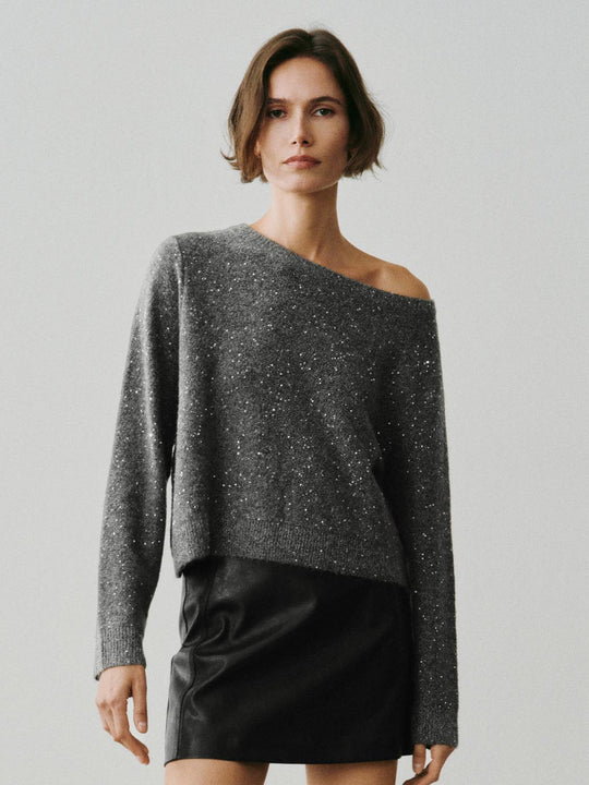 One-Shoulder Metallic Ribbed Long Sleeve Sweater