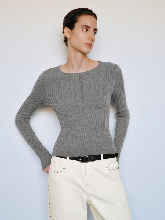 Ribbed Button Placket Crew Neck Fitted Long Sleeve Top