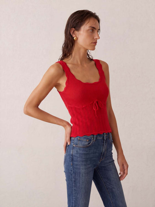 Ribbed Textured Tie Waist Scalloped Knit Cami Top