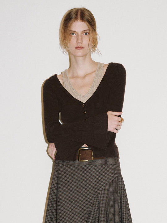 Ribbed Button V-neck Long Sleeve Sweater