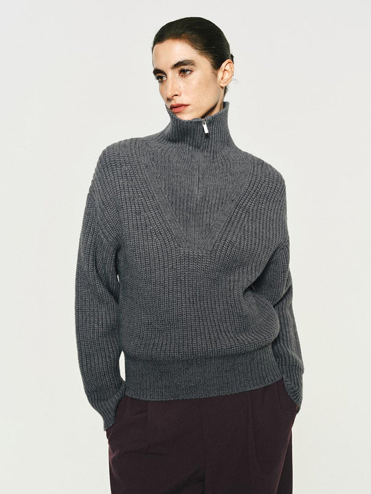 Textured Zip Collar Long Sleeve Knit Sweater
