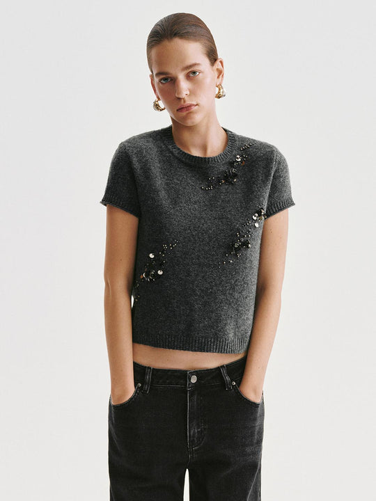Charcoal Knit Beaded Embellished Short Sleeve T-shirt