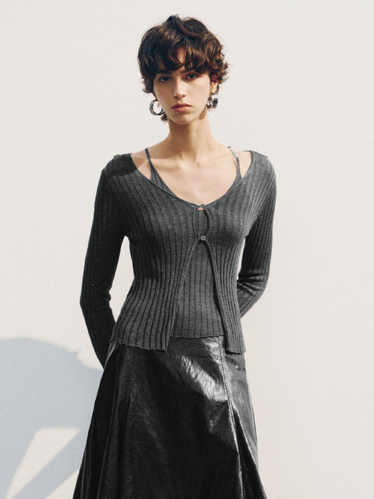 Fitted Ribbed V-neck Button Front Long Sleeve Cardigan
