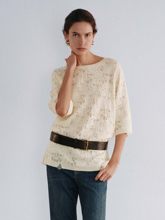 Textured Floral Crew Neck Short Sleeve Cotton Blend T-Shirt