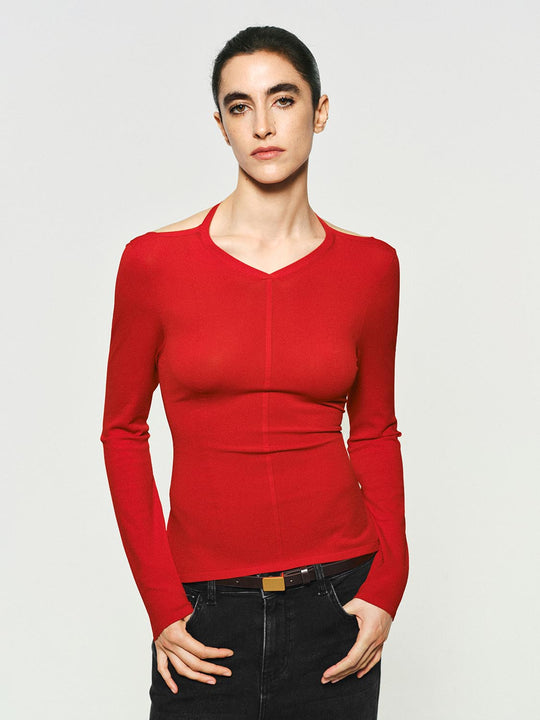 Solid Fitted Long Sleeve V-Neck Knit T-Shirt