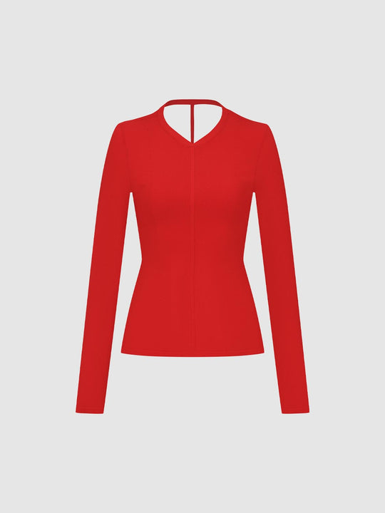 Solid Fitted Long Sleeve V-Neck Knit T-Shirt