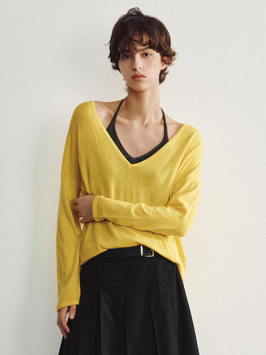 Yellow V-neck Drop Shoulder Long Sleeve Sweater