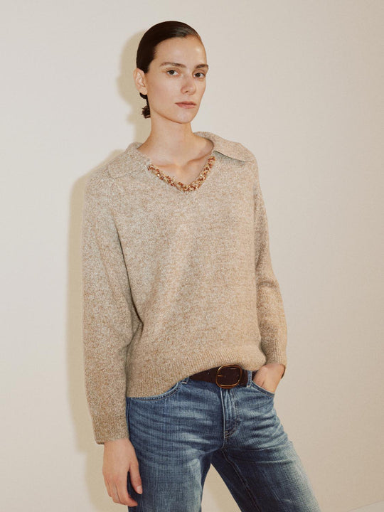 Textured Shirt Collar V-neck Long Sleeve Sweater
