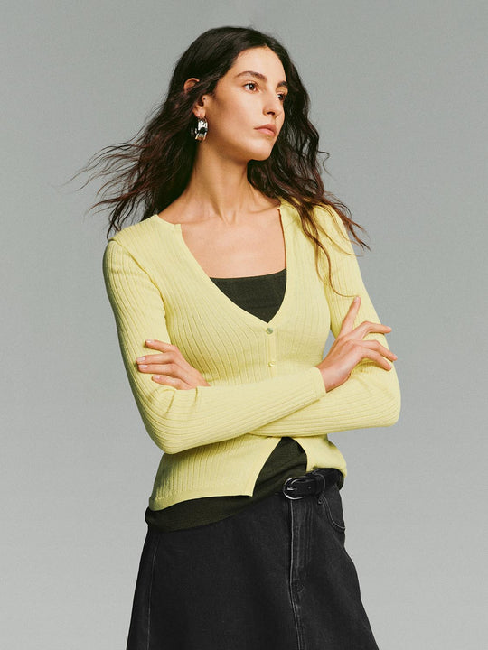 Ribbed Button Front V-neck Long Sleeve Cardigan