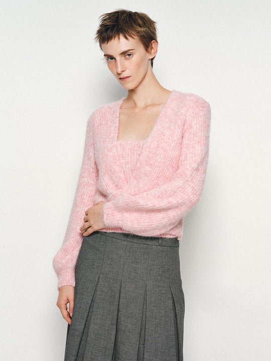 Textured Twisted Square Neck Long Sleeve Knit Top