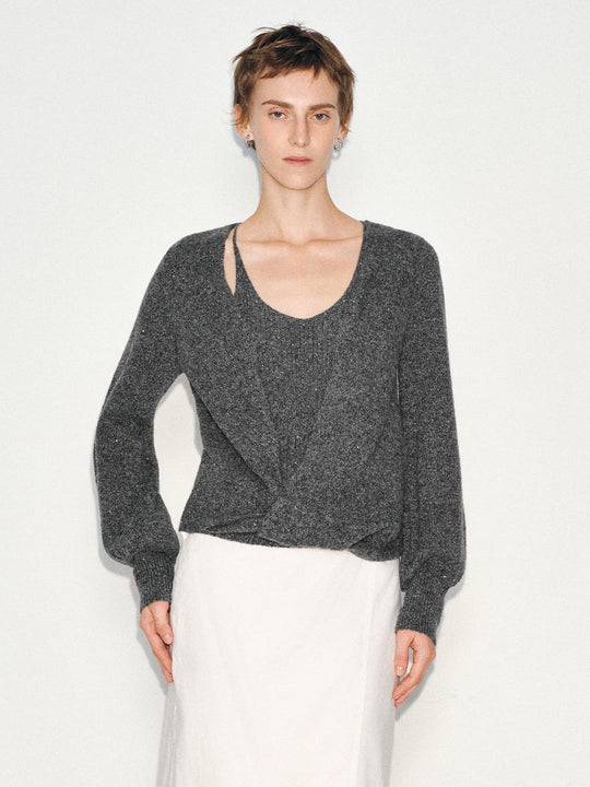 Metallic Twisted Front Long Sleeve Knit T-Shirt