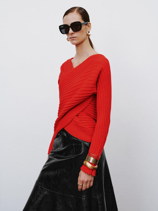Ribbed Twisted Cross Front Long Sleeve T-Shirt