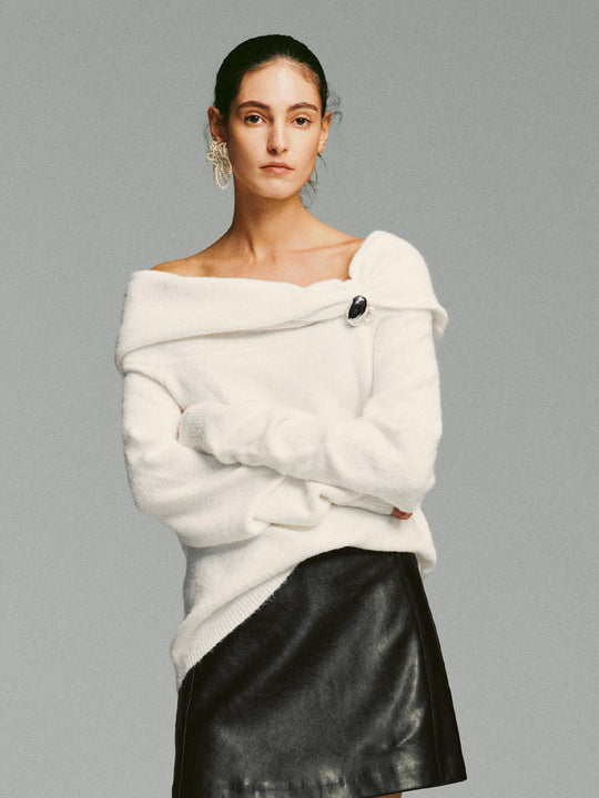 Metal Button Asymmetric Draped Long Sleeve Sweater