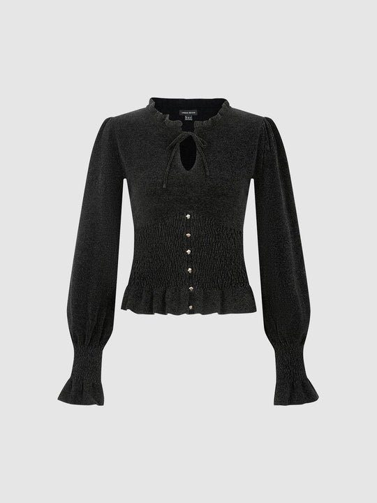 Textured Button Front Ruffle Hem Tie Neck Long Sleeve Ruched Knit Top