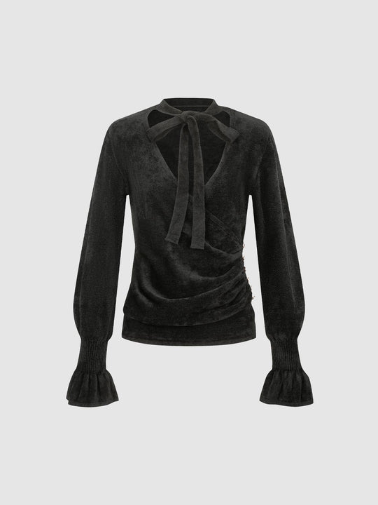 Fitted Textured Ruched Wrap Tie Neck Long Sleeve Top