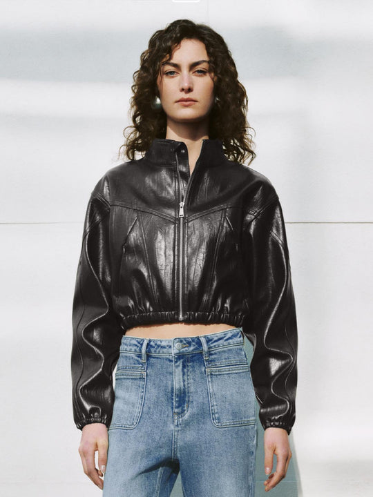 Zip Front Elasticated Hem Cropped Long Sleeve Jacket