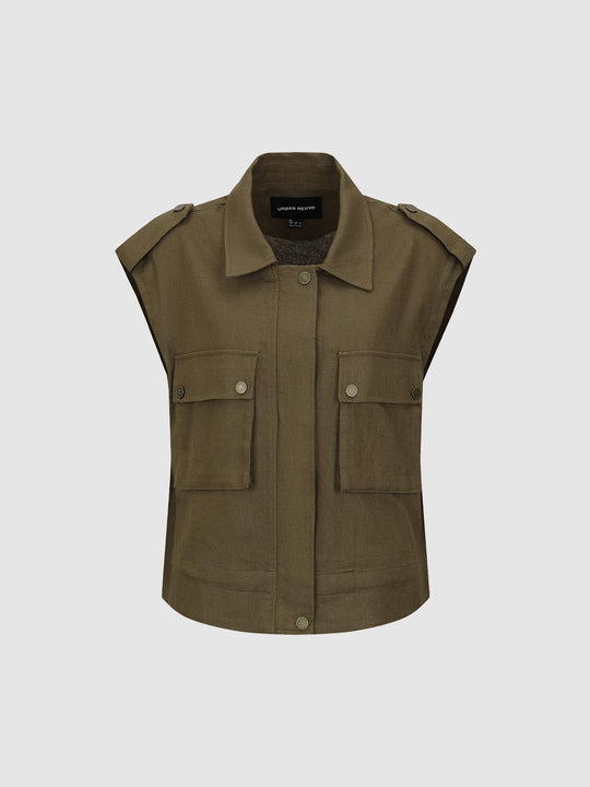 Linen Blend Flap Pocket Collared Vest