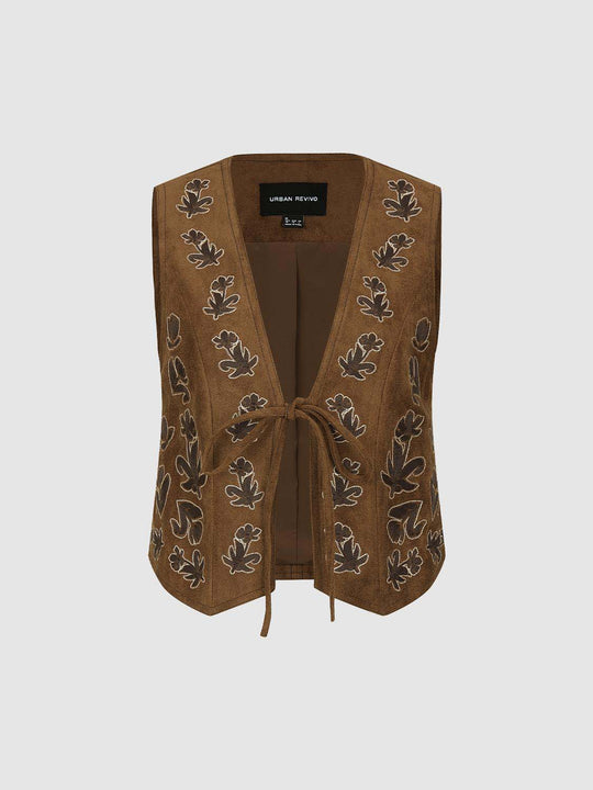 Brown Embroidered Leaf Pattern Tie Belt Vest