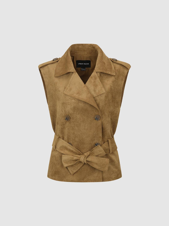 Double-breasted Shirt Collar Sleeveless Tie Waist Vest