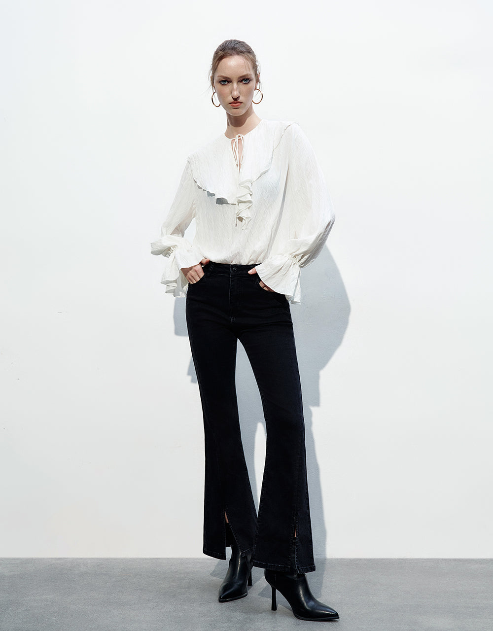Puff Sleeve Ruffle Lapel Overhead Shirt