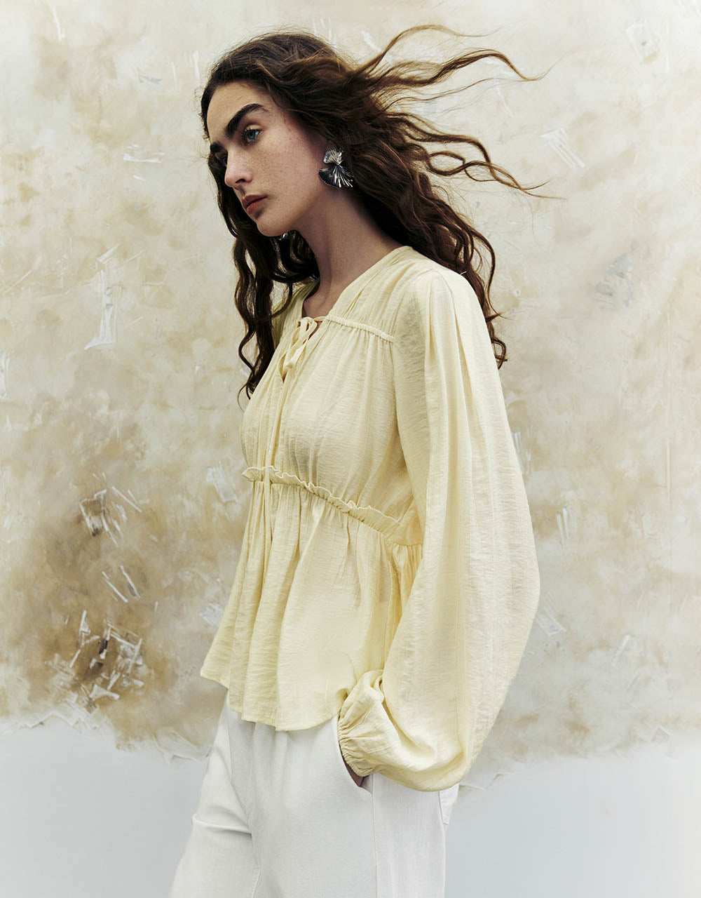 Tie Front Ruched V-Neck Blouse