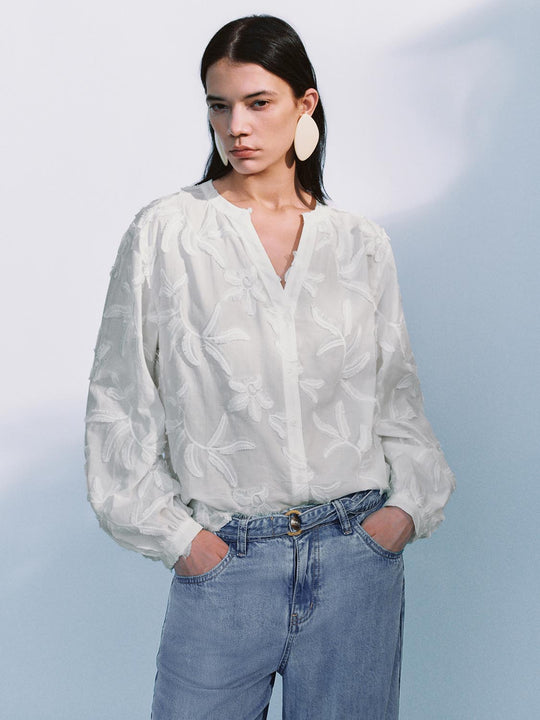 Notch Collar Floral Embroidery Long Sleeve Cotton Shirt