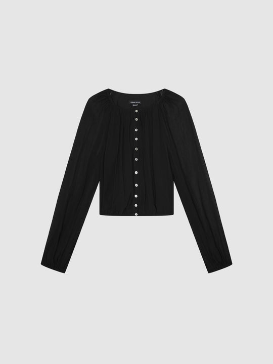 Round Neck Raglan Sheer Sleeve Front Button Crop Shirt