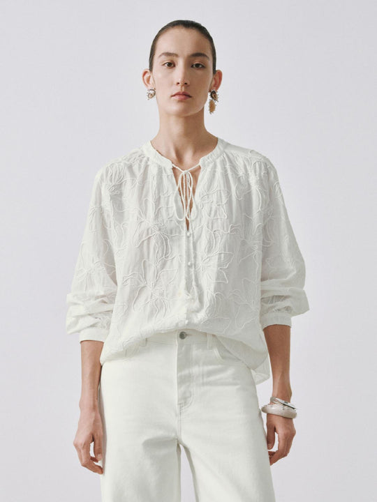 Floral Embroidered Tie Detail V-Neck Shirts
