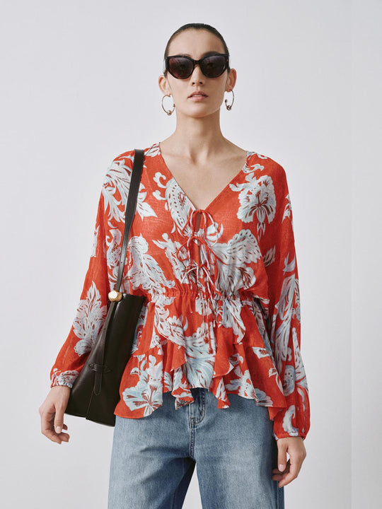V-Neck Tie Detail Floral Intarsia Overhead Shirts