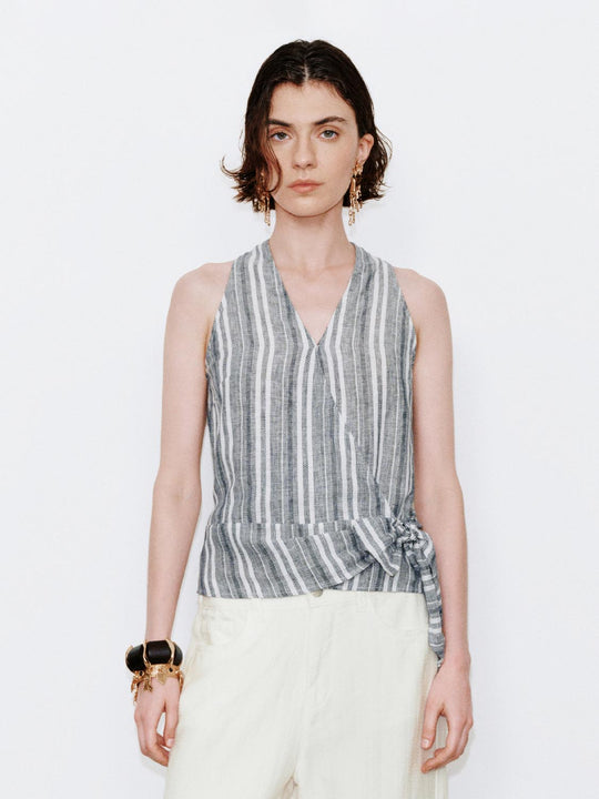 Linen Blend Halter V-Neck Contrast Striped Cami Tops