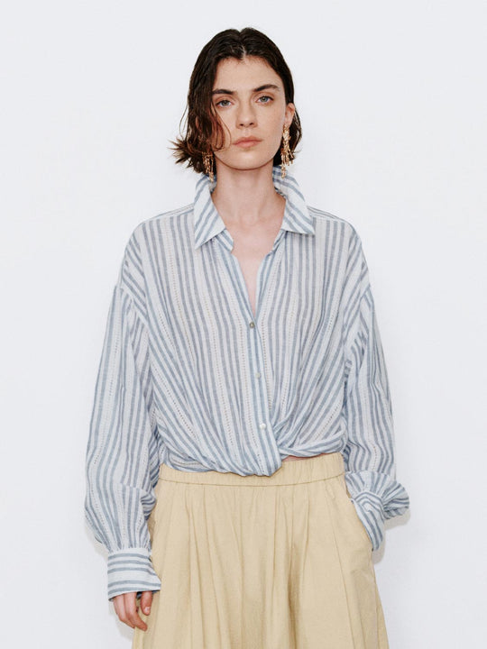 Linen Blend Contrast Striped Overhead Shirts