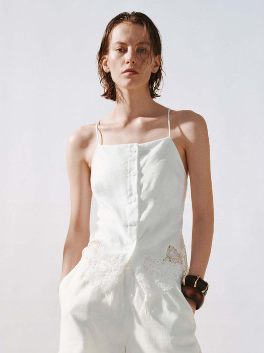 Strappy Lace Trim Button Detail Cami Tops