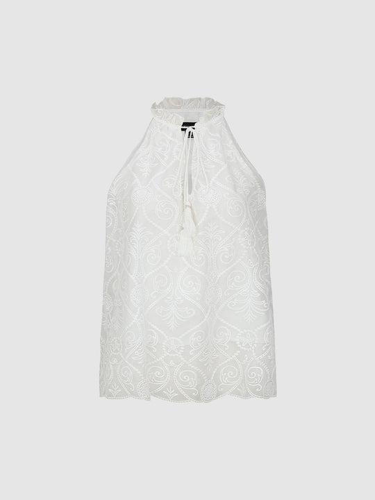 Lace Embroidered White Tassel Neck Tie Cami Tops