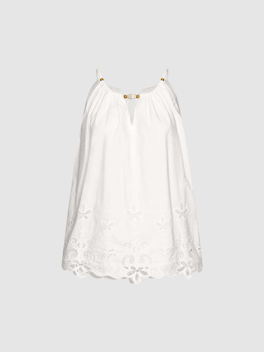 Cotton Eyelet Embroidery With Scalloped Lace Hem And Lightweight Silhouette Cami Tops