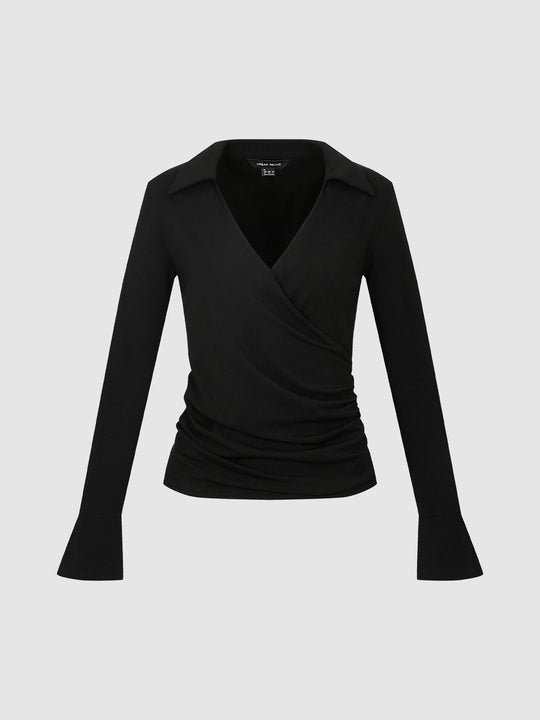 Draped Collared Long Sleeve T-Shirts