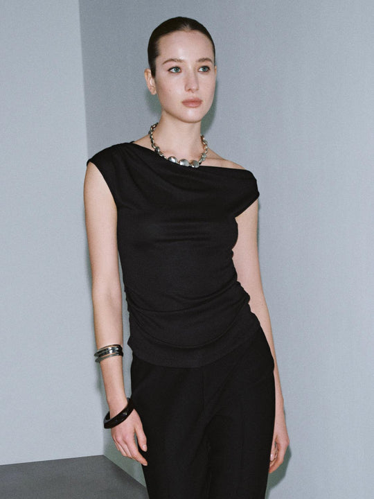 Asymmetric Neck Ruched Capped Sleeve T-Shirts