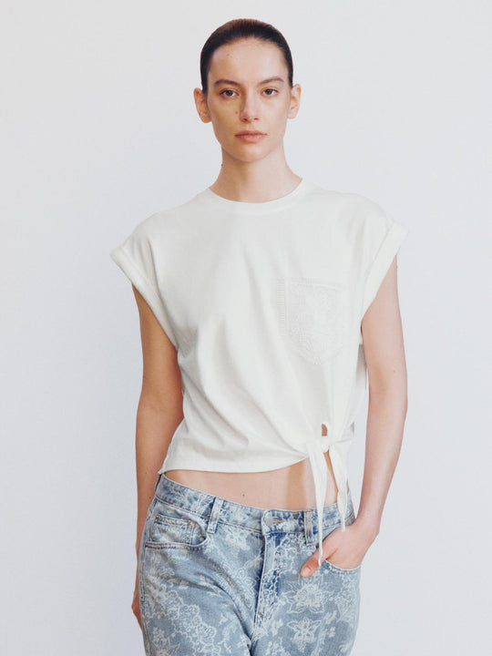 Sleeveless Pocket Embroidered Tie Knot Cotton T-Shirt