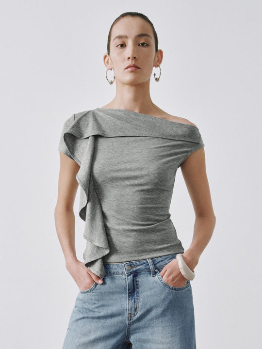 Asymmetric Fallen Shoulder Sleeveless Skinny-Fit T-Shirts