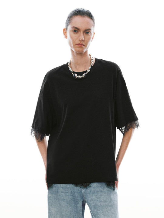 Lace Trim Crew Neck T-Shirts