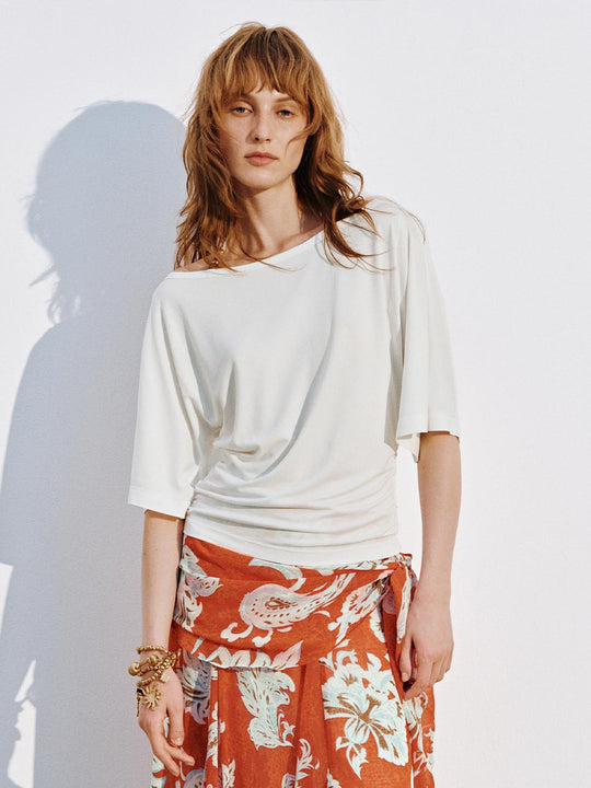 Beaded Halter Strap Boat Neck Ruched T-Shirts
